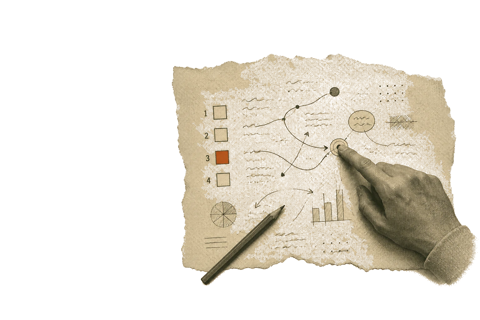 A strategy sheet with four points, notes and a pencil